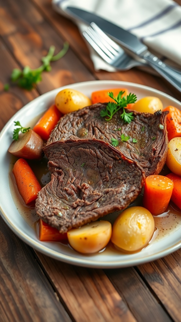 Tender pot roast with carrots and potatoes in gravy, garnished with parsley, on a rustic wooden table.